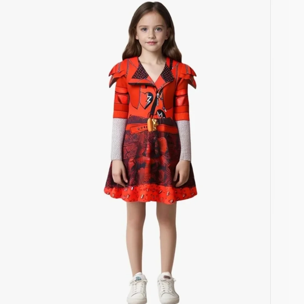 Girls Descendants Red Costume Dress Gloves Evie Heart Necklace Size 9-10